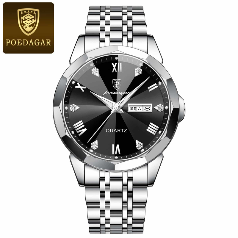 Poedagar PO810 Luminous Date Week Man Stainless Steel Wristwatch (Silver Black)